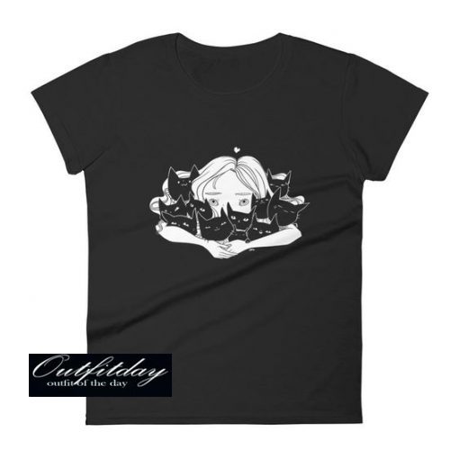 Girl Hugging Cats Ladies Black T-Shirt