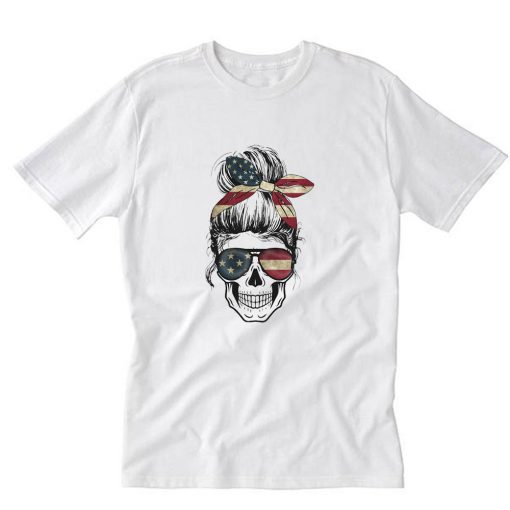 Womens American Lady Skull USA Flag 4th of July T-Shirt PU27