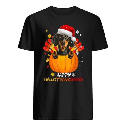 Dachshund Dog Santa Hat Pumpkin Hallothanksmas Shirt ZA