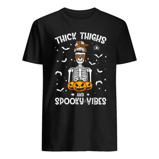 Thick Thighs And Spooky Vibes Messy Bun Women Halloween T-Shirt ZA